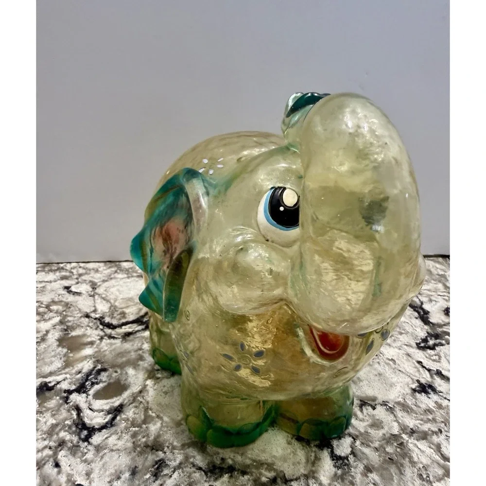Vintage Clear Plastic Melamine Resin Elephant Piggy Bank Pink Blue Green Floral